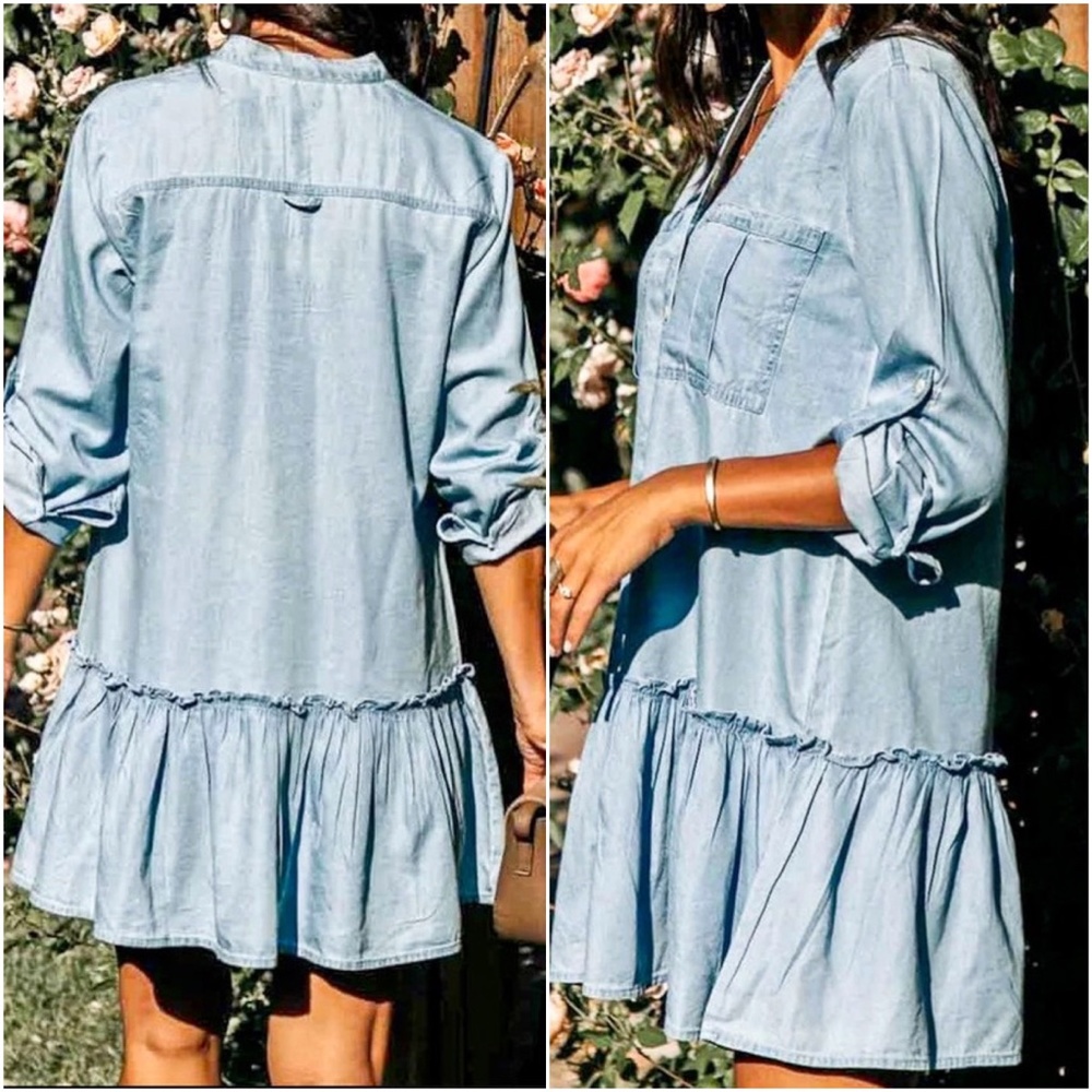 Boho Chambray Rolled Sleeve Ruffle Denim Dress - Picture 3 of 4